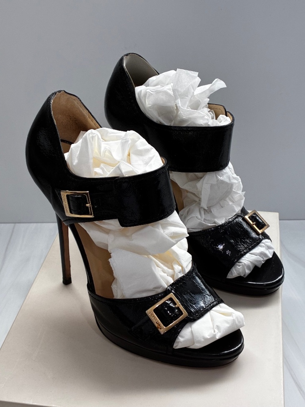 Jimmy Choo Drake Black Kid leather sandal with gold buckles